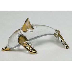VTG 2" Miniature Handblown Glass DOLPHIN FIGURINE Clear w/ Gold Accent Fin Tail